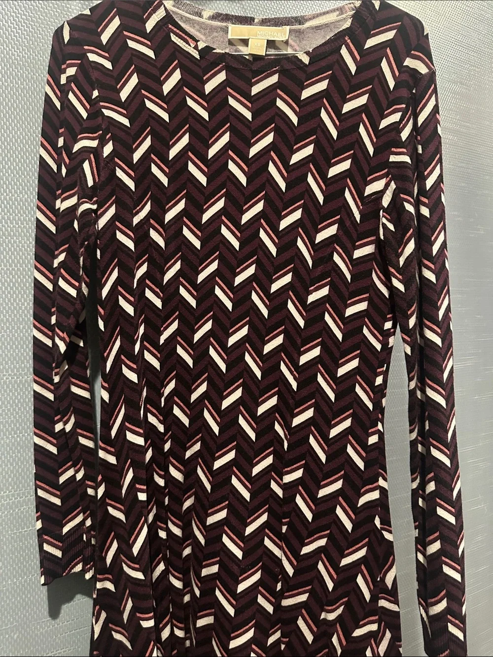 Michael Kors Burgundy and White Chevron Long-Sleeve Dress